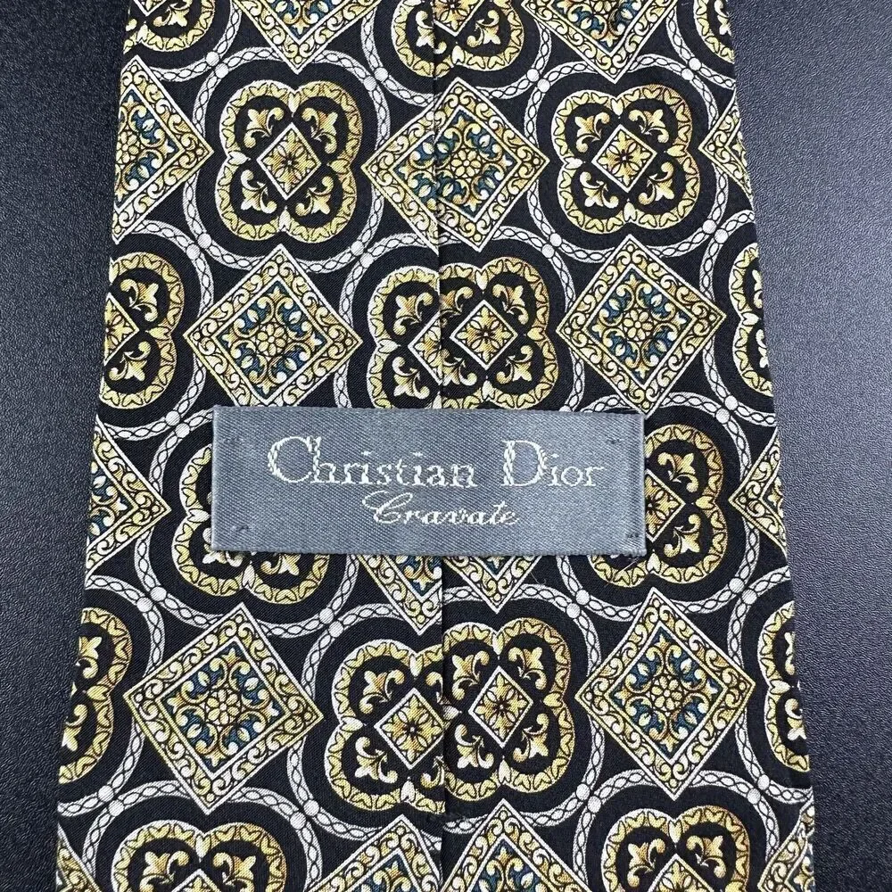 Christian Dior Silk Neck Tie Men Geometric Medallion Black Yellow Made in Canada